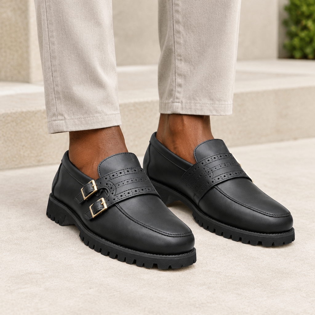 Black model wearing black men's double-buckle brogue loafers