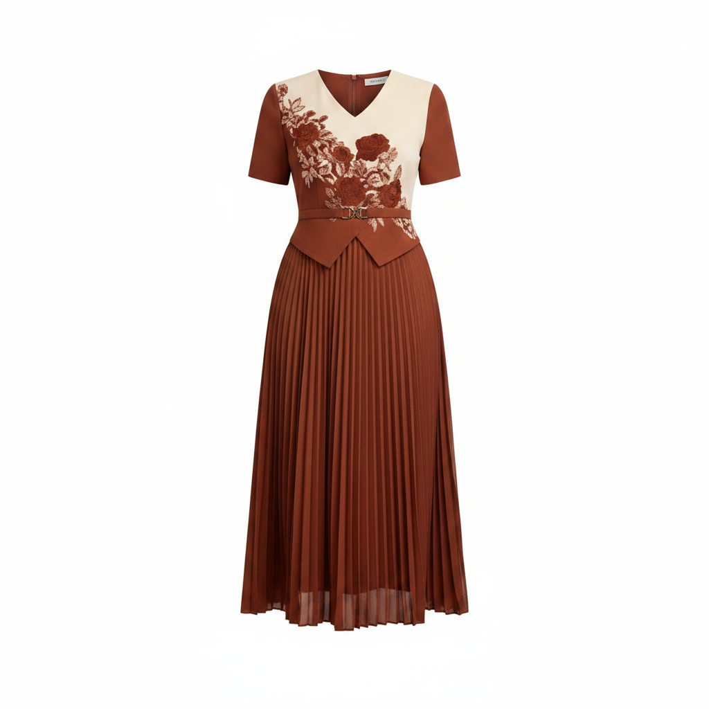 Rust terracotta and cream pleated midi gown with floral appliqué bodice, ghost mannequin view