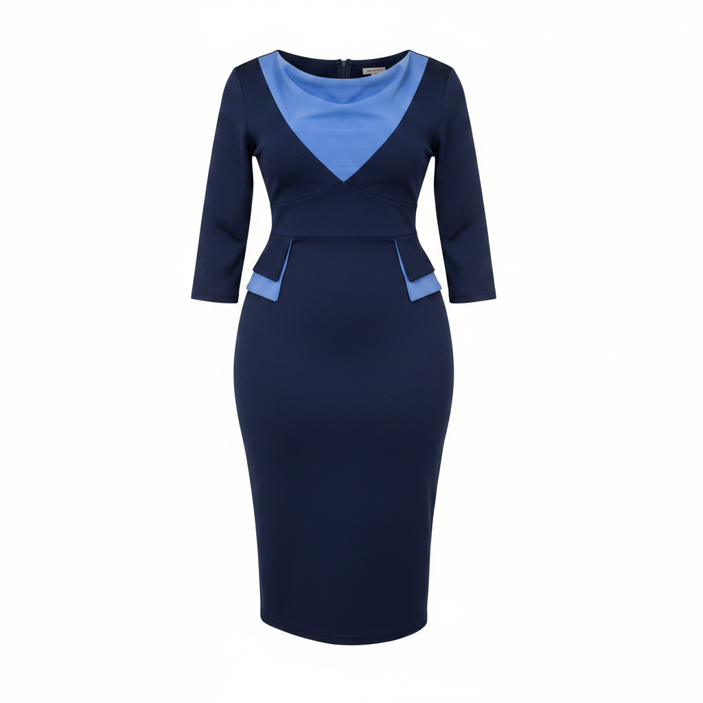 Ghost mannequin view of women's navy and sky blue colour-block peplum bodycon midi dress