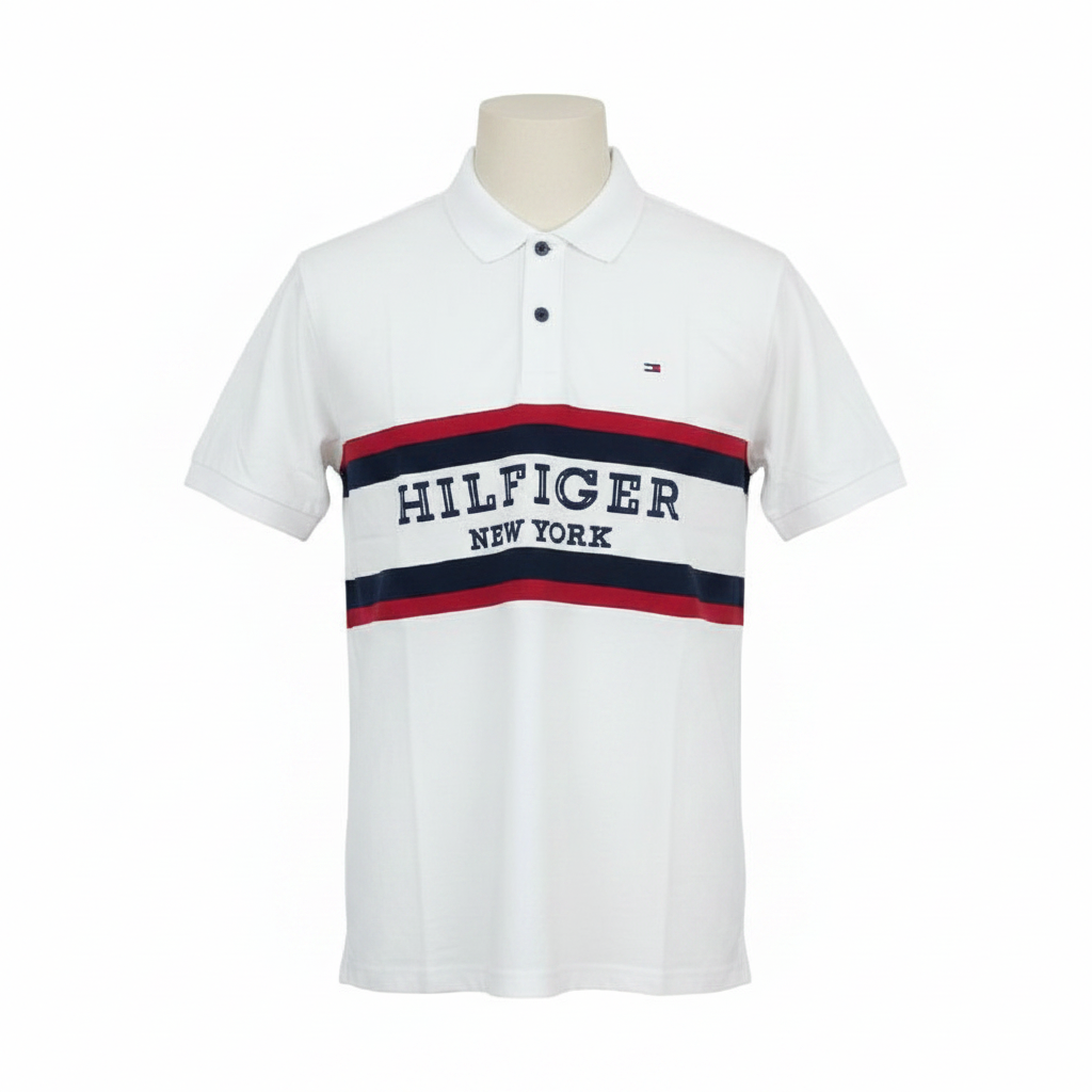 Men's white red navy stripe city text print short-sleeve polo shirt - ghost mannequin front view