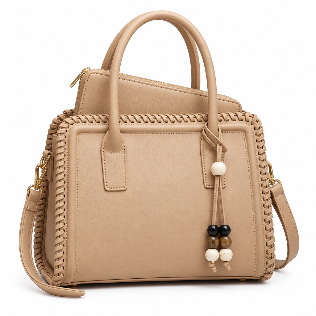 Beige woven-edge handbag with matching inner purse visible above opening