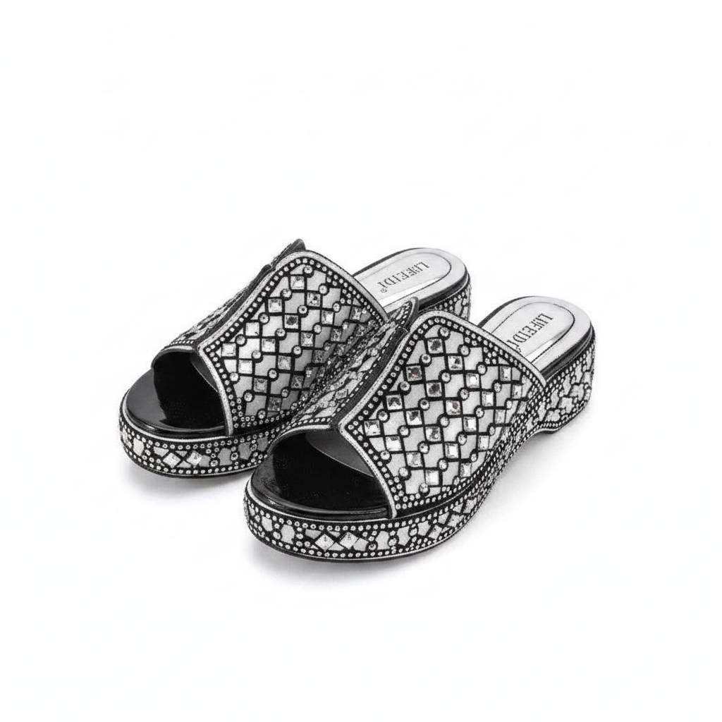 Women's Rhinestone Mosaic Platform Wedge Slide - Silver Ghost Mannequin