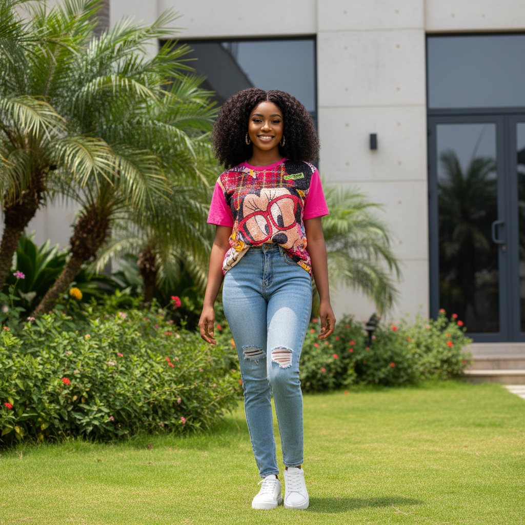 Nigerian female model wearing pink Minnie Mouse graphic top front view
