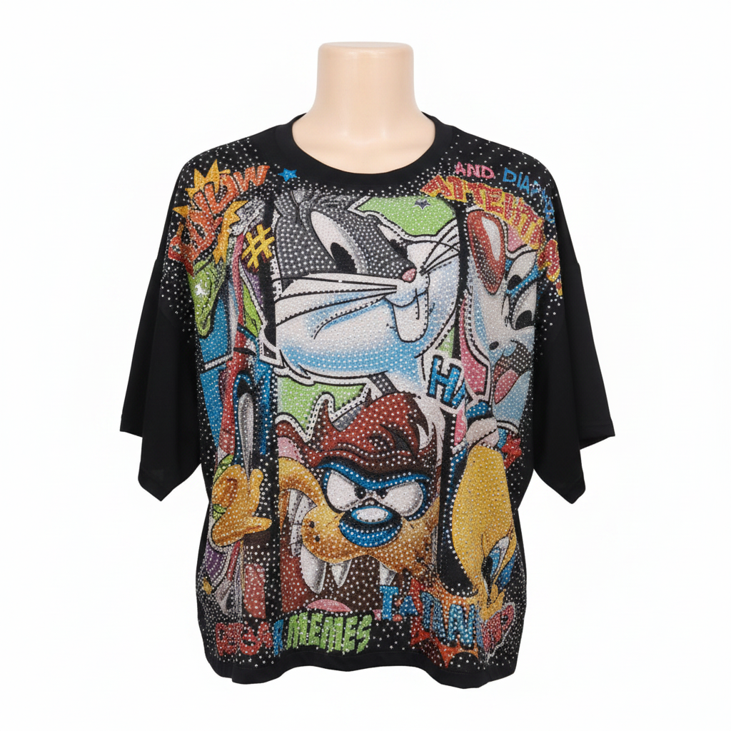 Black Multi-Character Rhinestone Comic Graphic Oversized Top - Ghost Mannequin Front View