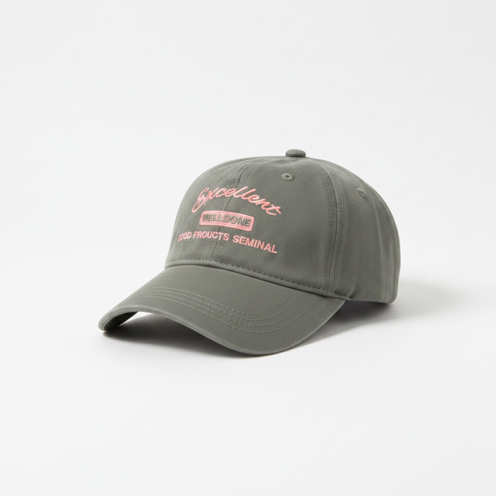 Muted olive green dad cap with layered pink slogan embroidery diagonal product shot