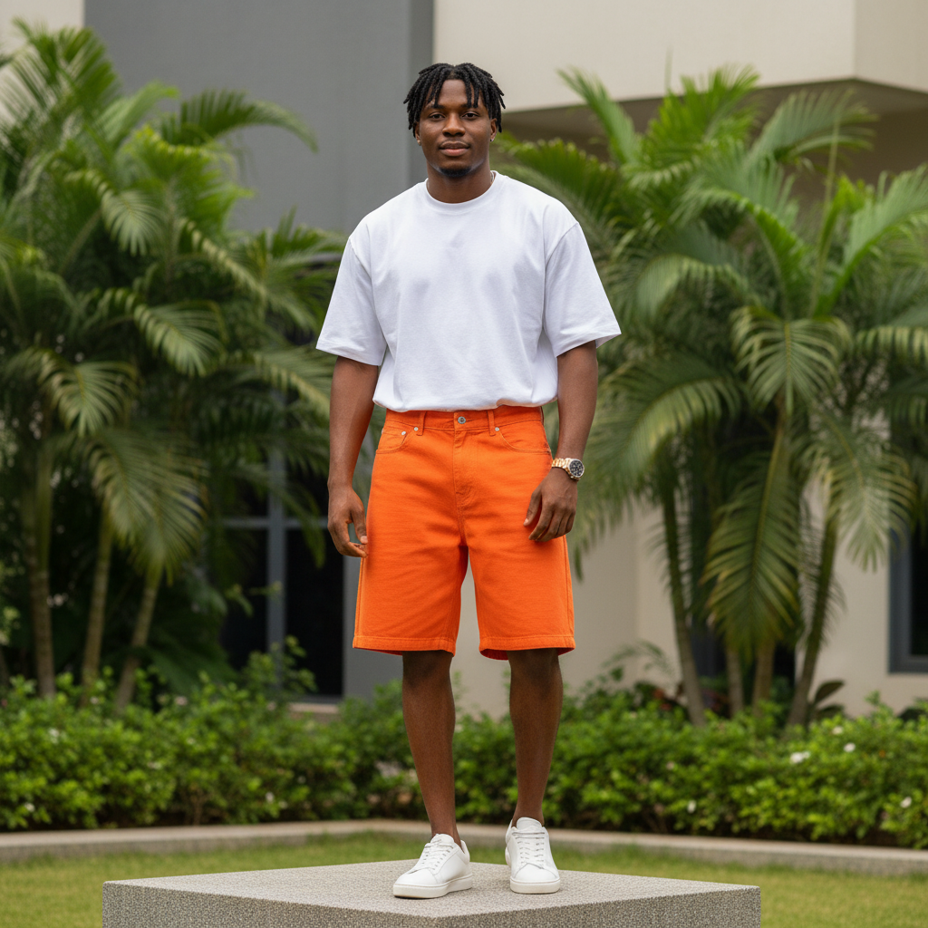 Nigerian male model wearing men's bright orange wide-leg denim shorts streetwear style