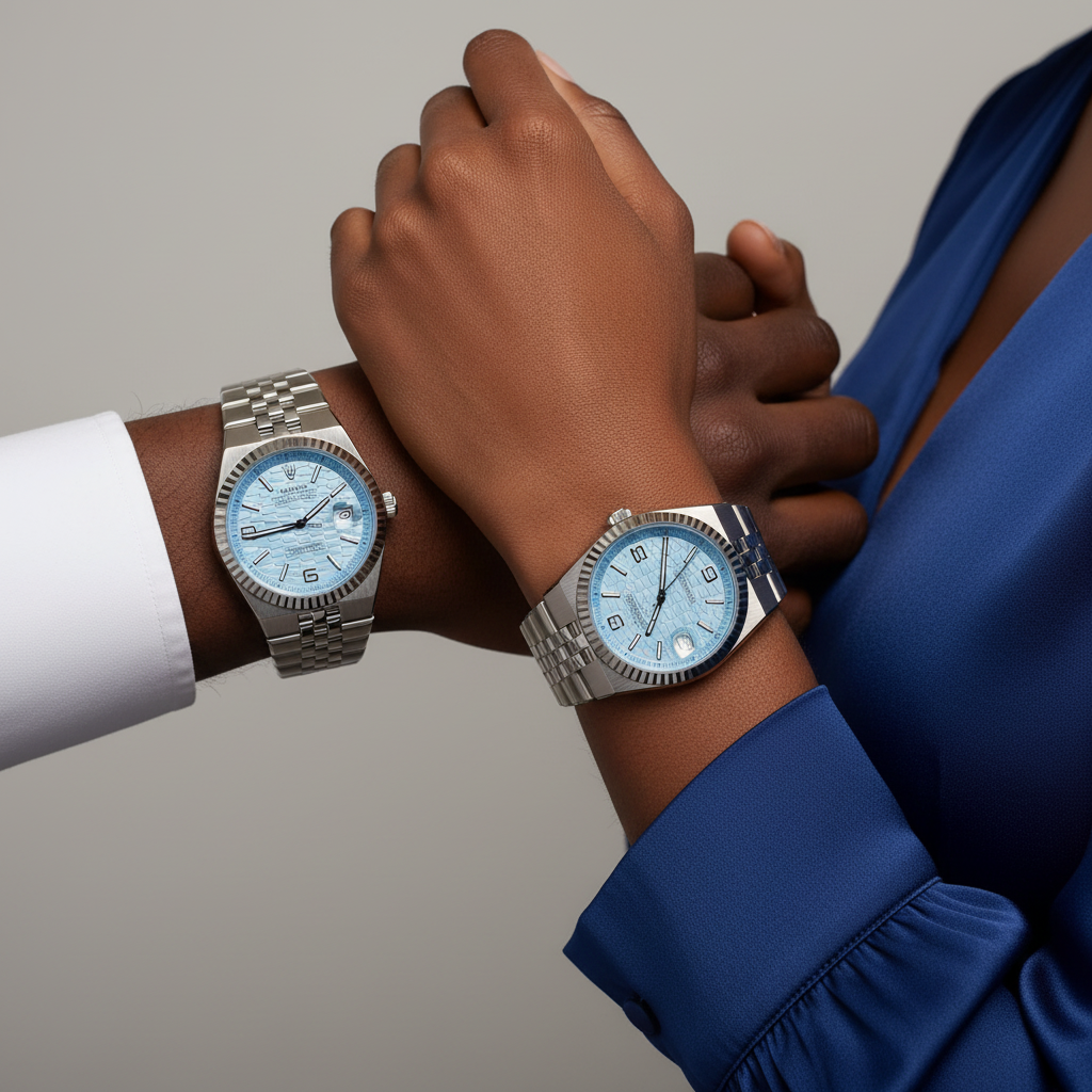 Nigerian male and female model wrist shot — ice blue silver couple watch