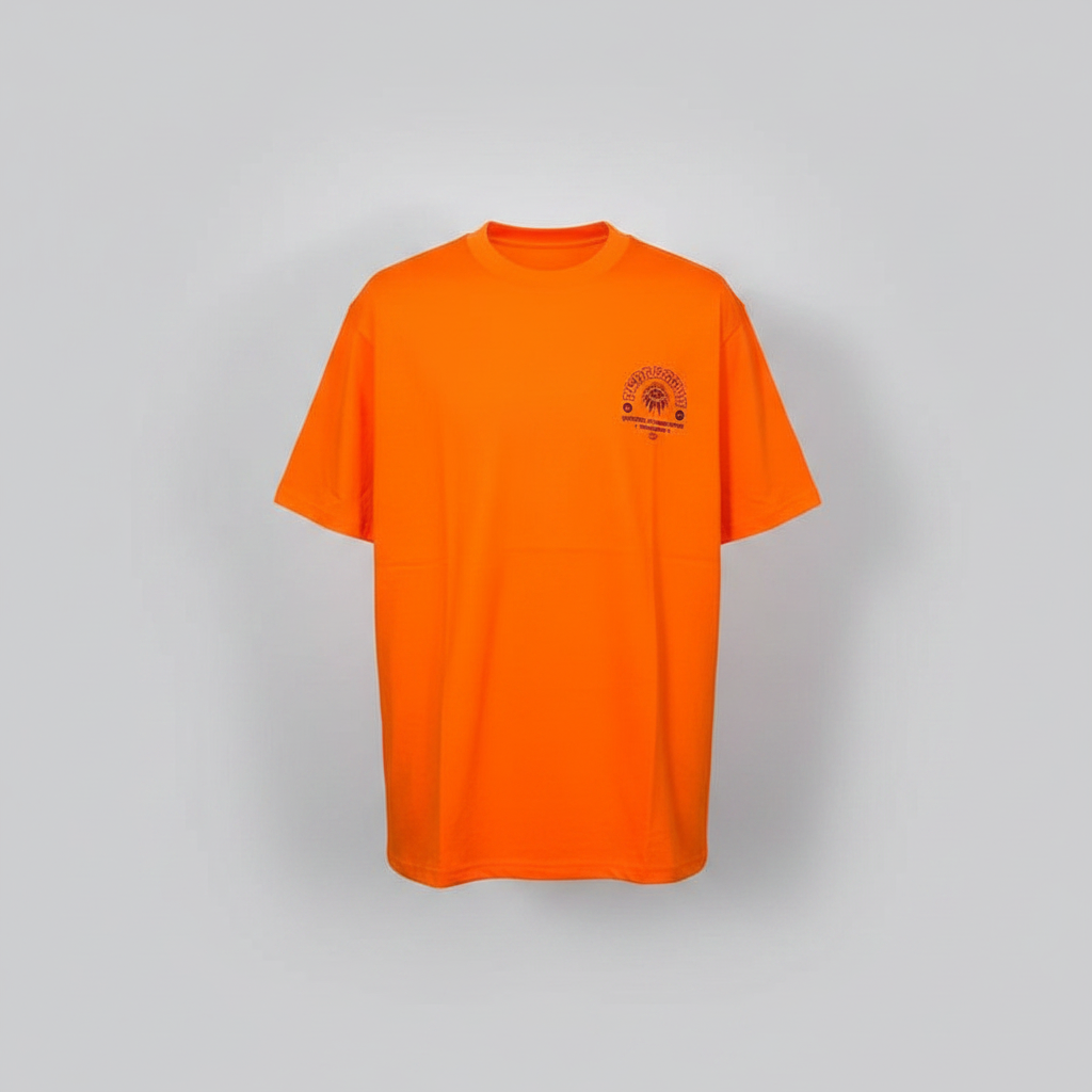 Ghost mannequin front view of orange emblem tee