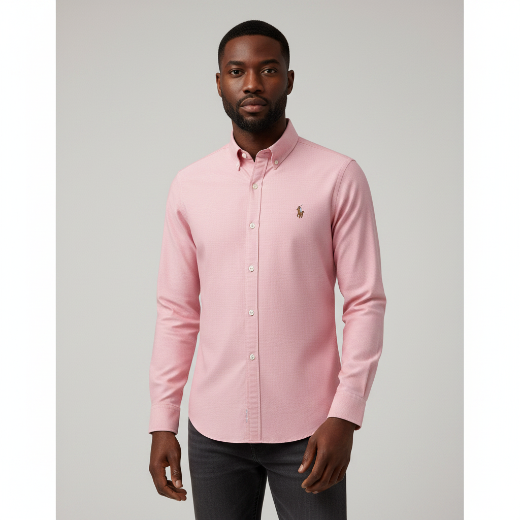 Nigerian adult male model wearing Pink Long Sleeve Shirt – Front View