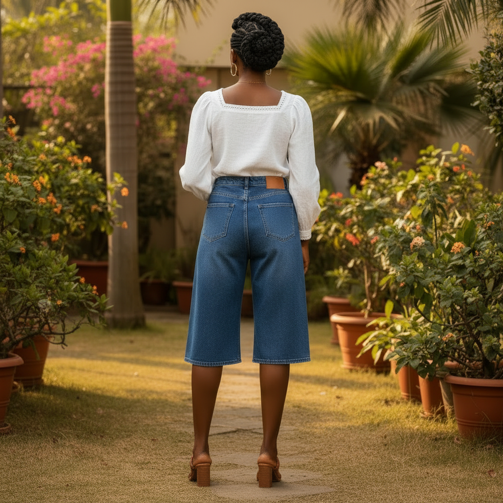 Dye Blue Denim Bermuda Shorts - Back Model View