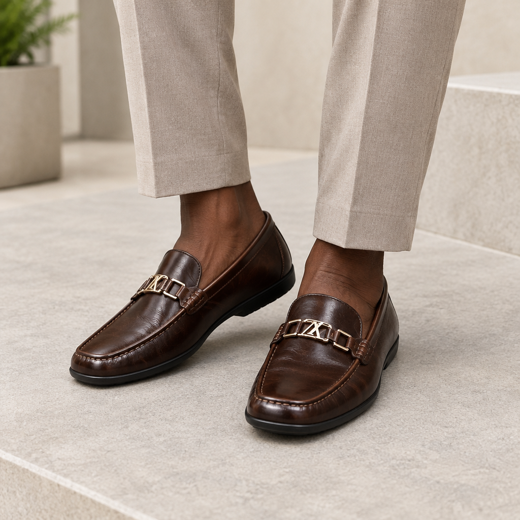 Black model wearing dark brown men's loafers with polished metal detail