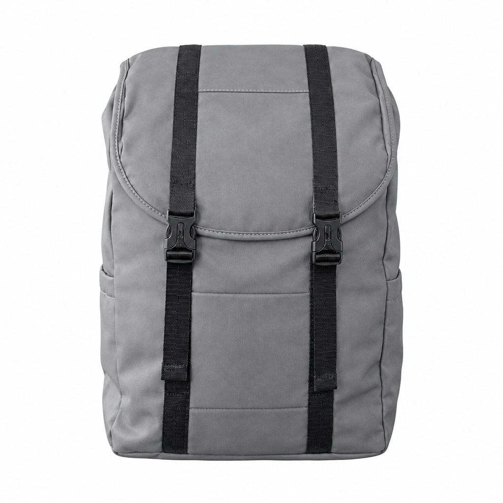 Grey flap-top backpack with two black straps and twin buckle fastenings