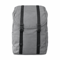 Grey flap-top backpack with two black straps and twin buckle fastenings