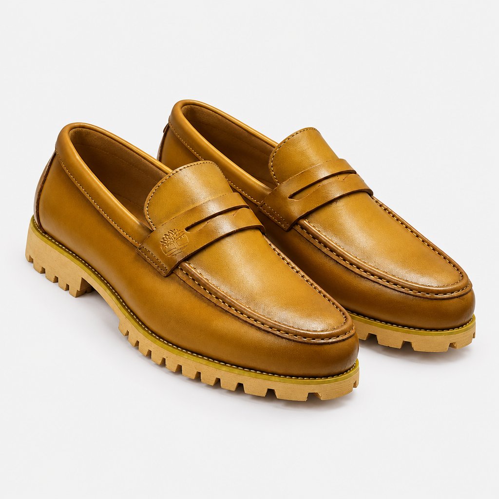 Tan men's penny loafers with lug sole shown as a complete pair