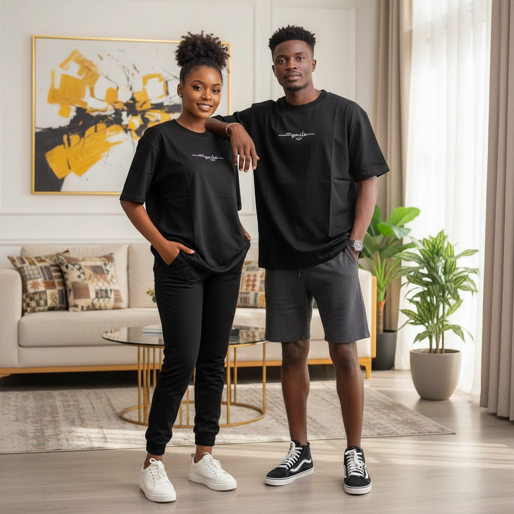 Unisex model shot – John Store Happy Smile Black Oversized Unisex T-Shirt