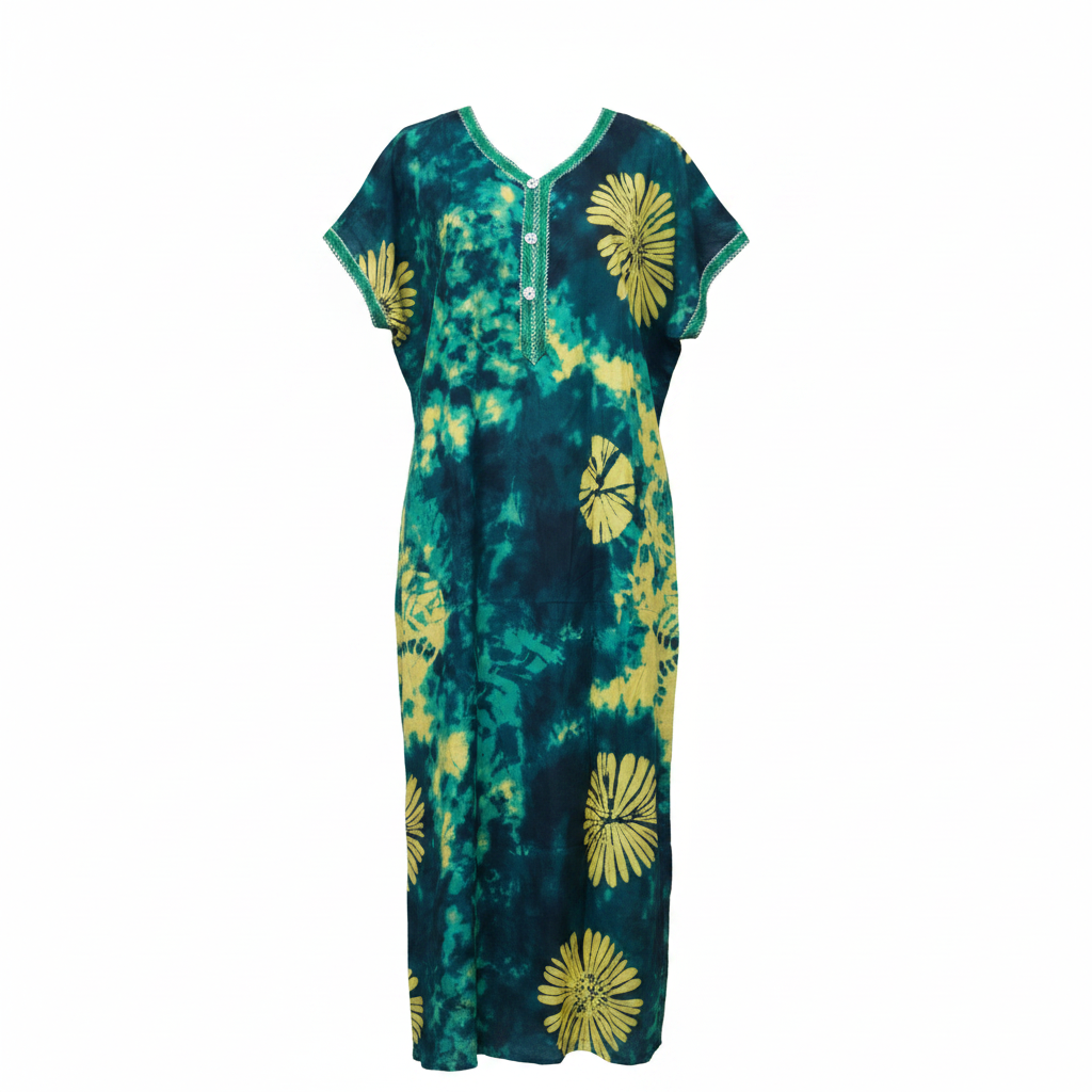 Ghost mannequin view of teal yellow adire sunflower long bubu gown