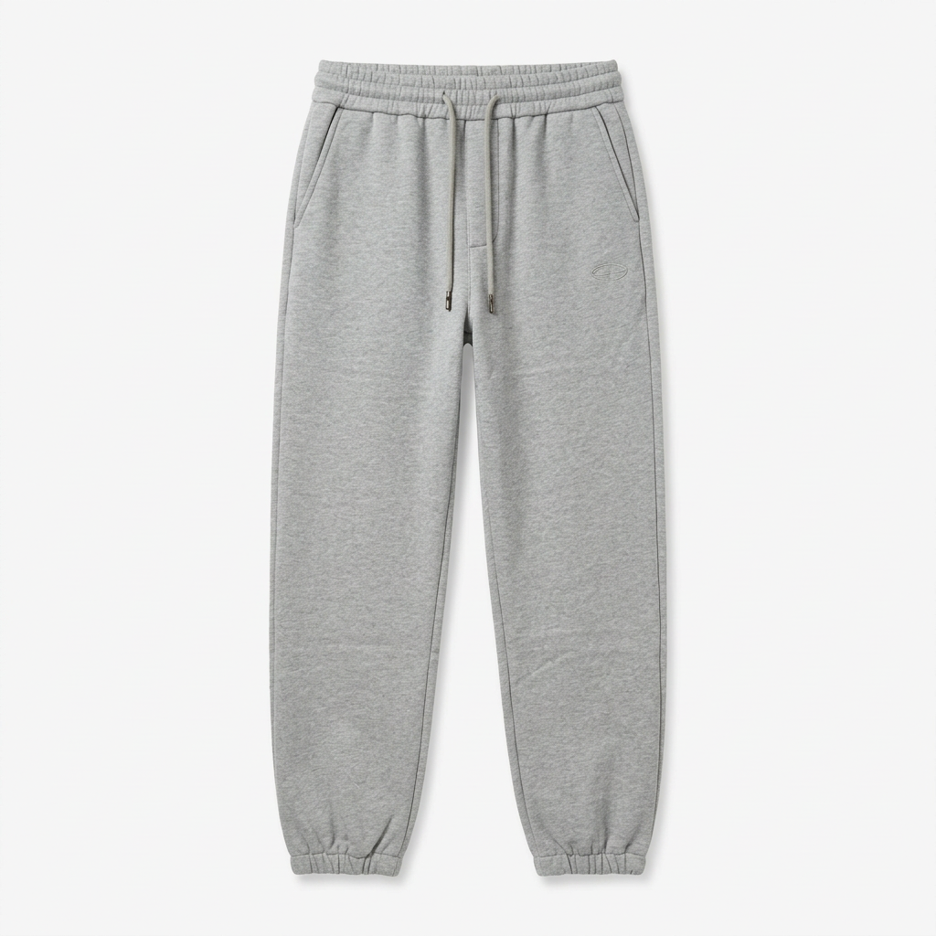 Light grey marl cuffed joggers with matching drawstrings, generated ghost mannequin view