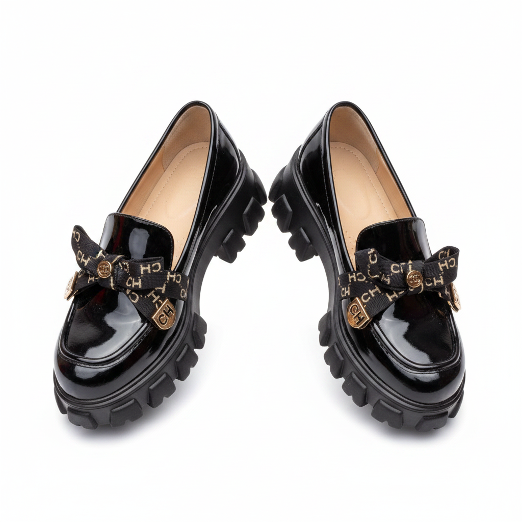 Women's Patent Leather Bow-Detail Chunky Platform Loafer - Black Ghost Mannequin