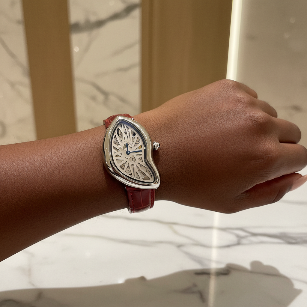 Black Nigerian woman wrist shot wearing asymmetric silver skeleton dial watch with red strap
