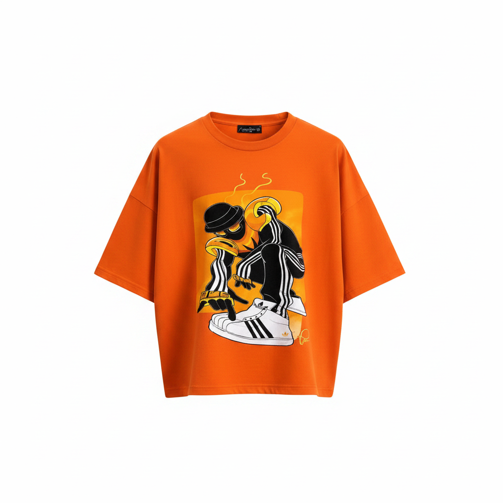 Men's Orange Cropped Oversized Illustrated Graphic T-Shirt – Ghost Mannequin Front View