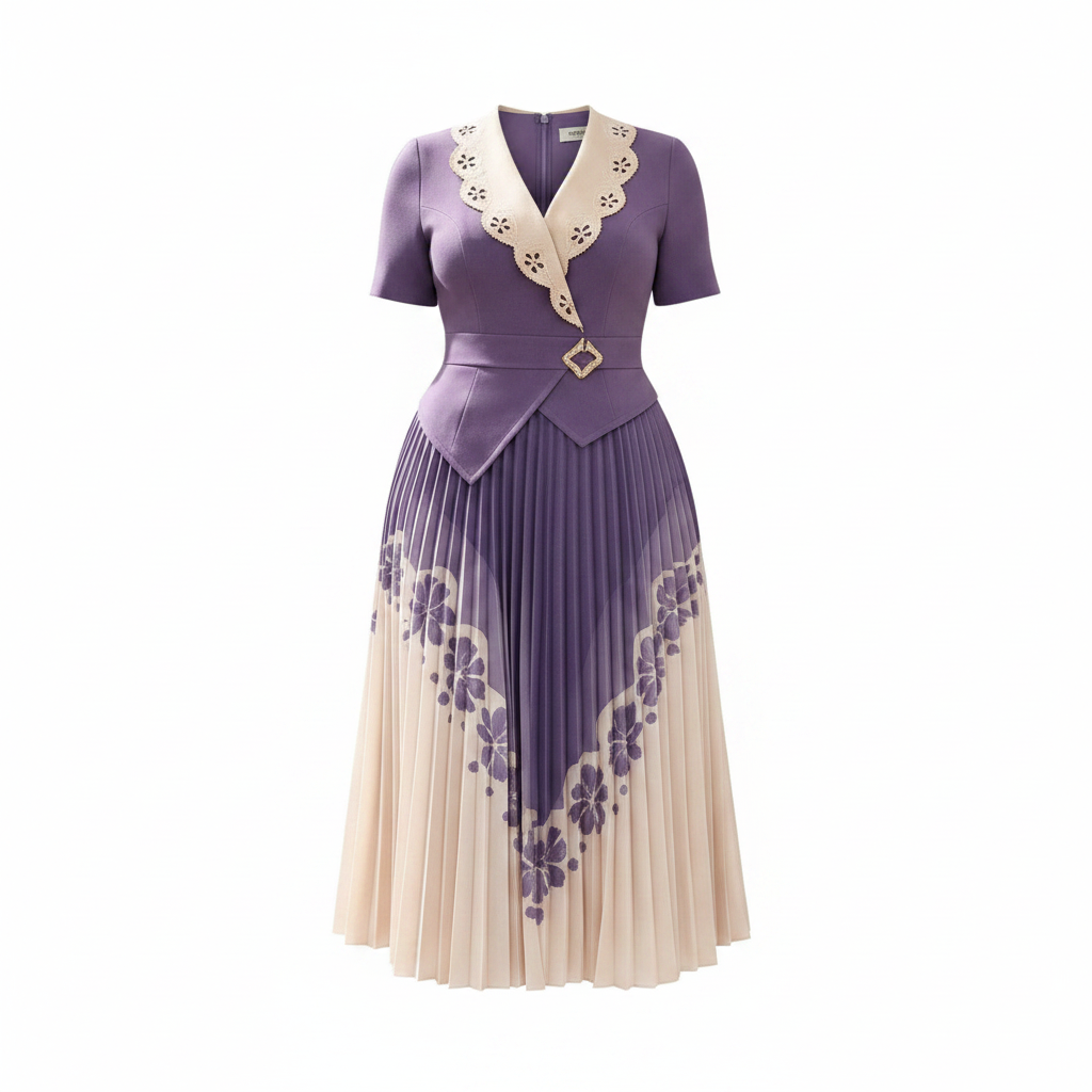 Women's lavender purple and cream floral pleated midi gown ghost mannequin view on white background