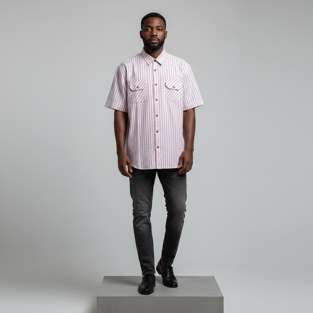 Nigerian male model wearing white pink pinstripe short-sleeved shirt