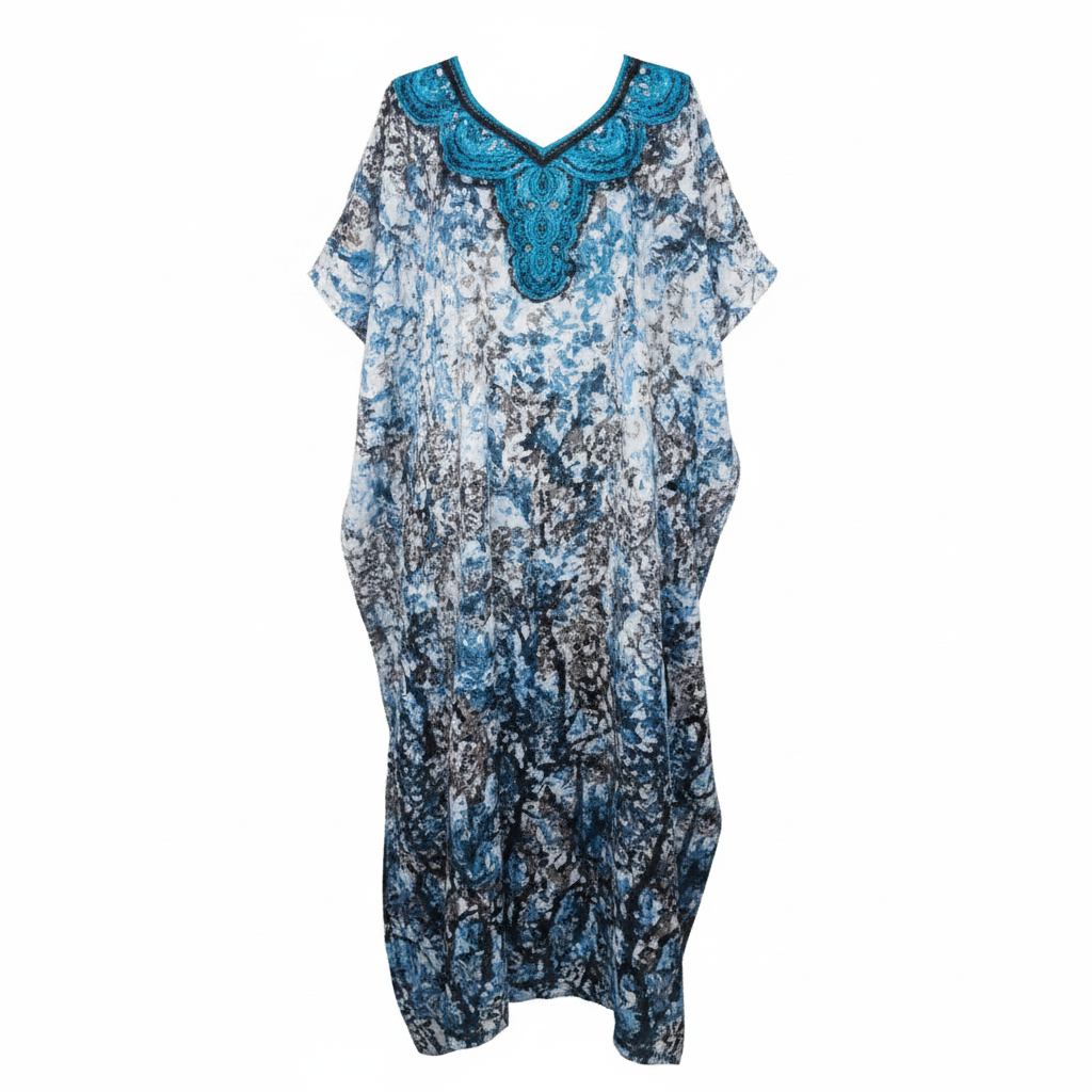 Ghost mannequin view of women's blue floral bubu kaftan dress with teal lace trim