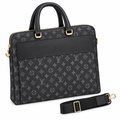 Black-and-grey monogram laptop briefcase with detachable strap on white background