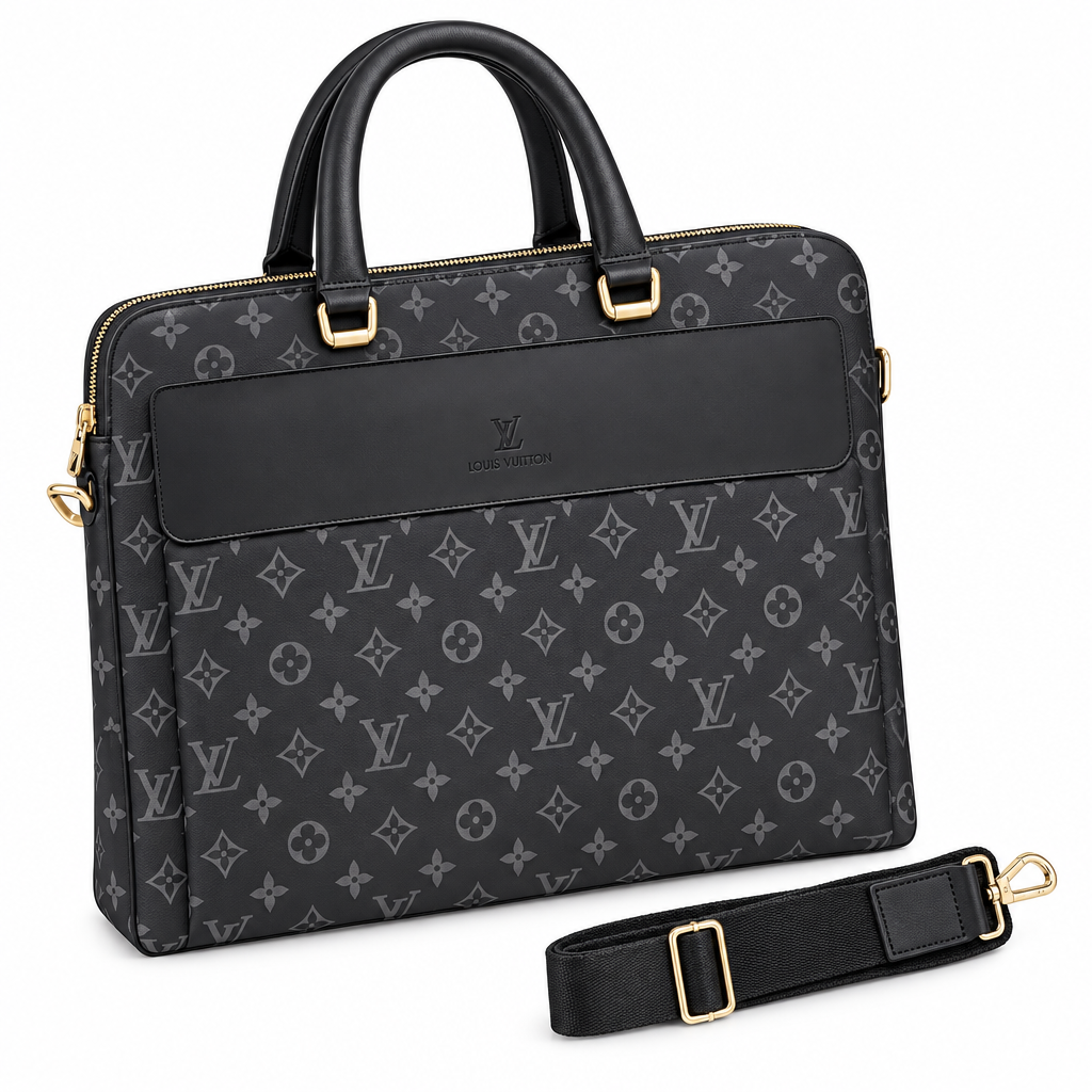 Black-and-grey monogram laptop briefcase with detachable strap on white background