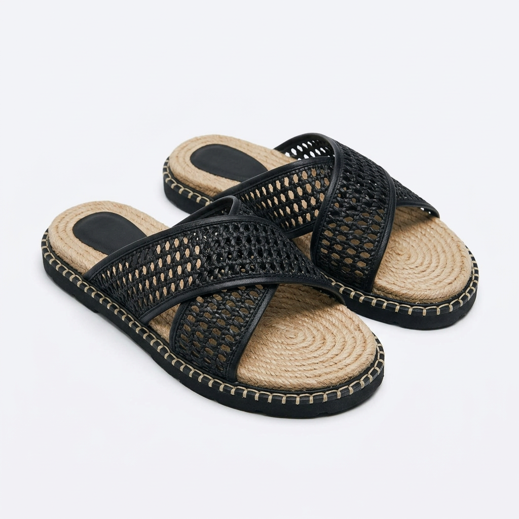 Black woven cross-strap slide pair on white