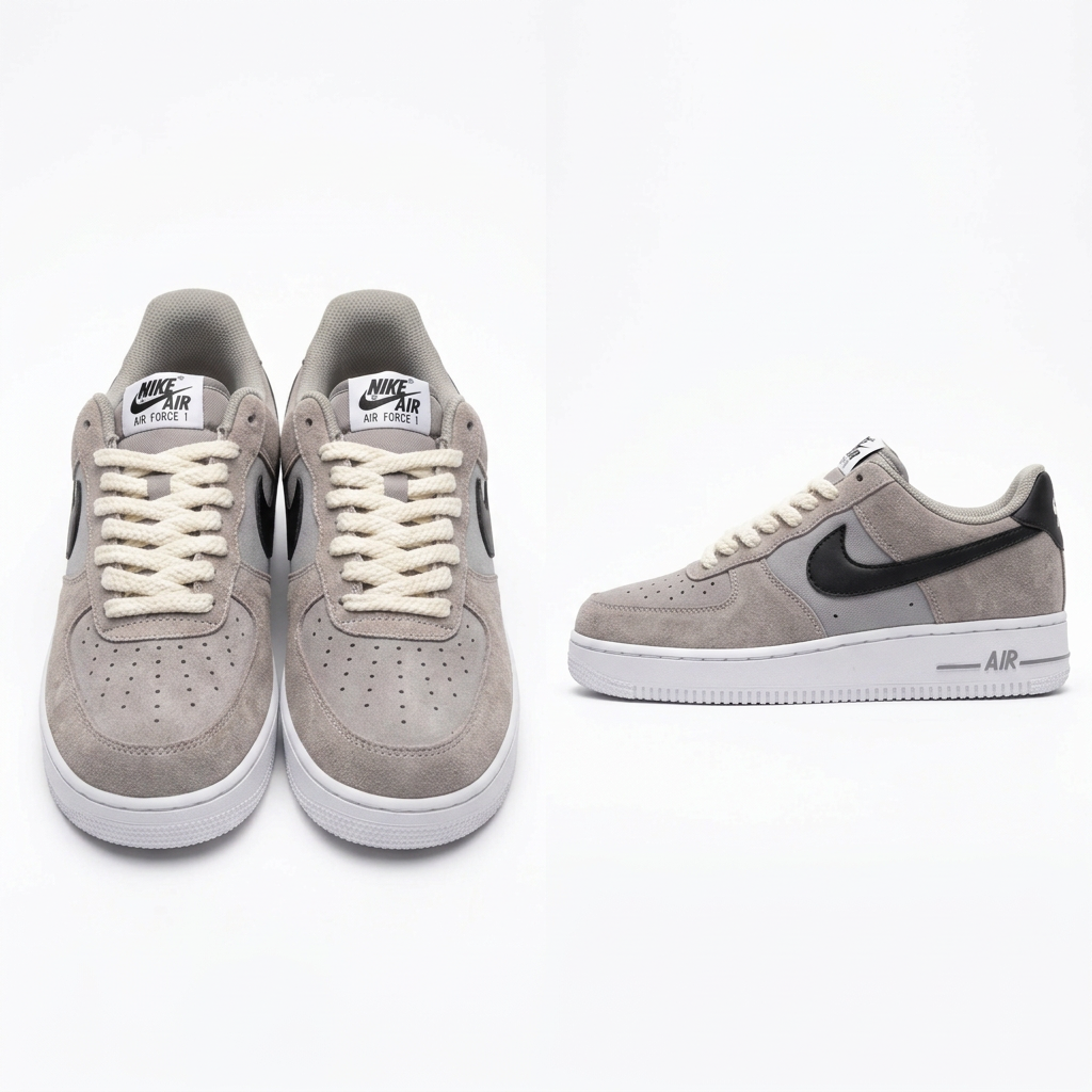 Grey textured sneakers showing front pair and side profile together on white