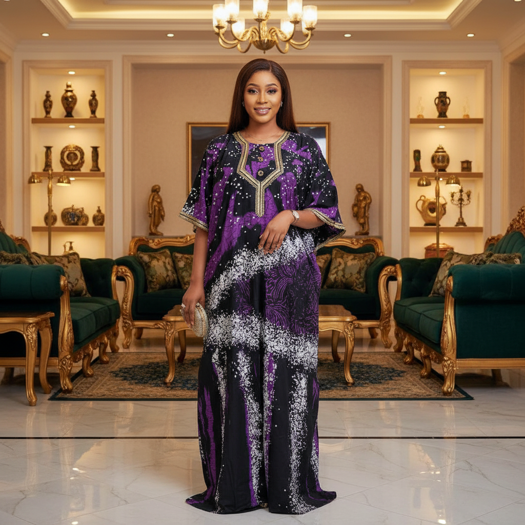 Model shot – Bose Ventures Black & Purple Speckle Print Gold-Trim Boubou