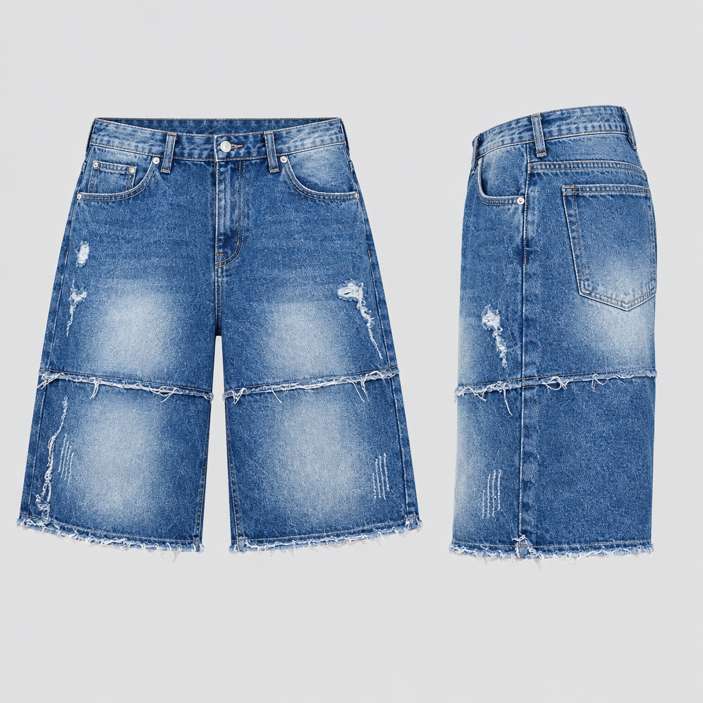 Medium blue denim shorts with faded panels, raw horizontal seams and frayed hems