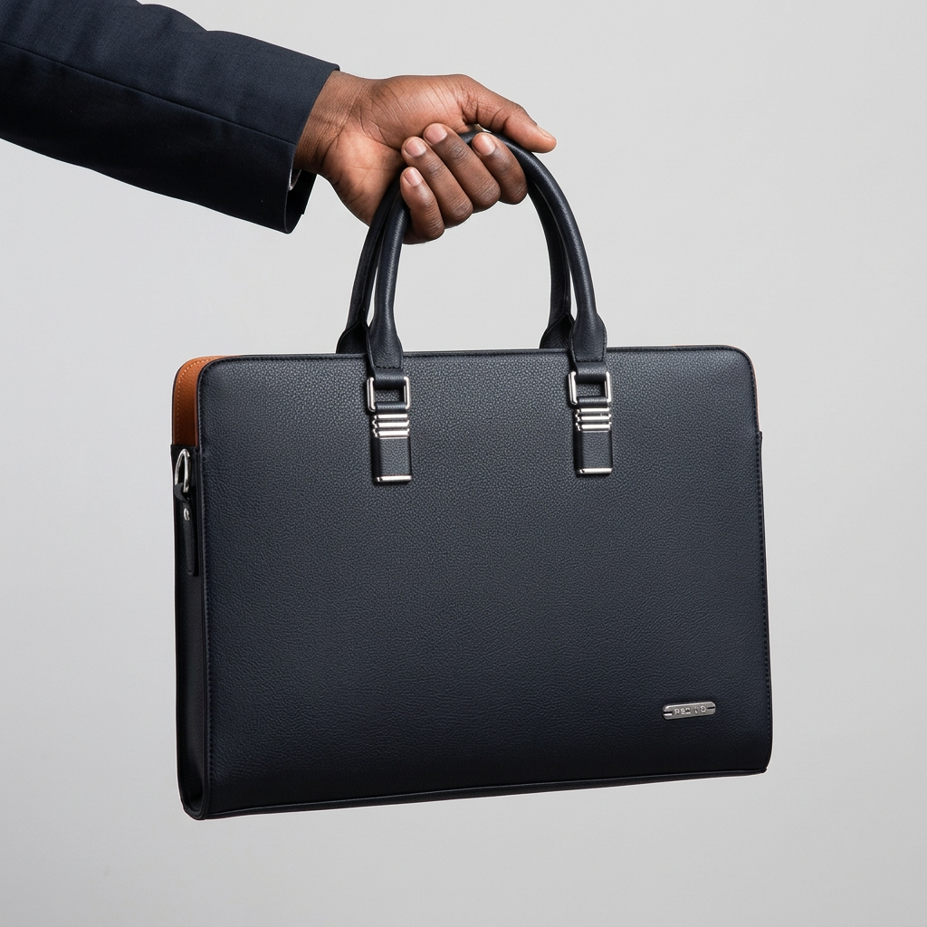 Man's hand carrying black textured silver-detail laptop bag