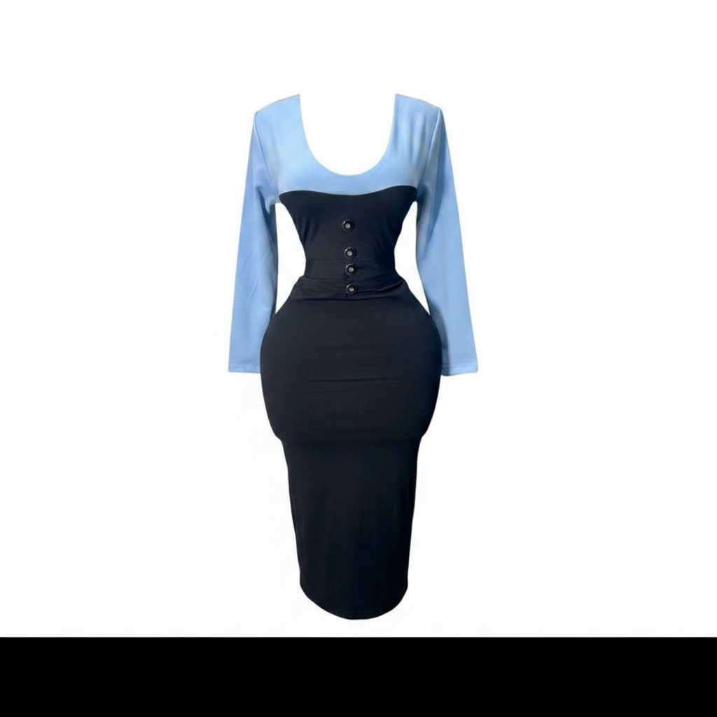 Sky blue and black corset bodycon midi dress ghost mannequin front view