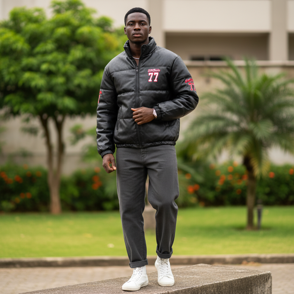 Men's Black Faux Leather Varsity Padded Puffer Jacket – Nigerian Male Model Shot