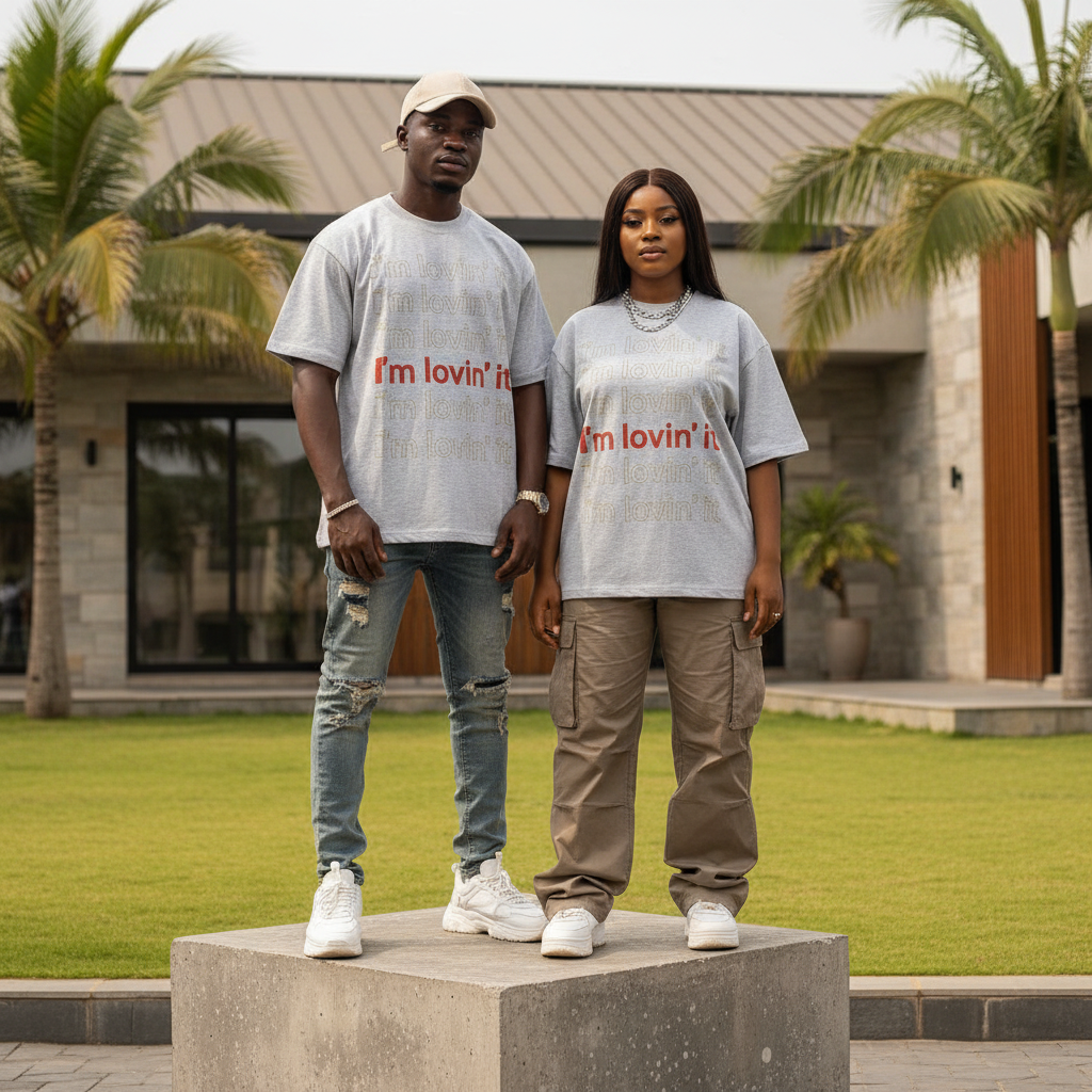 Men's I'm Lovin' It Oversized Grey Graphic Tee - Nigerian Male and Female Model Shot