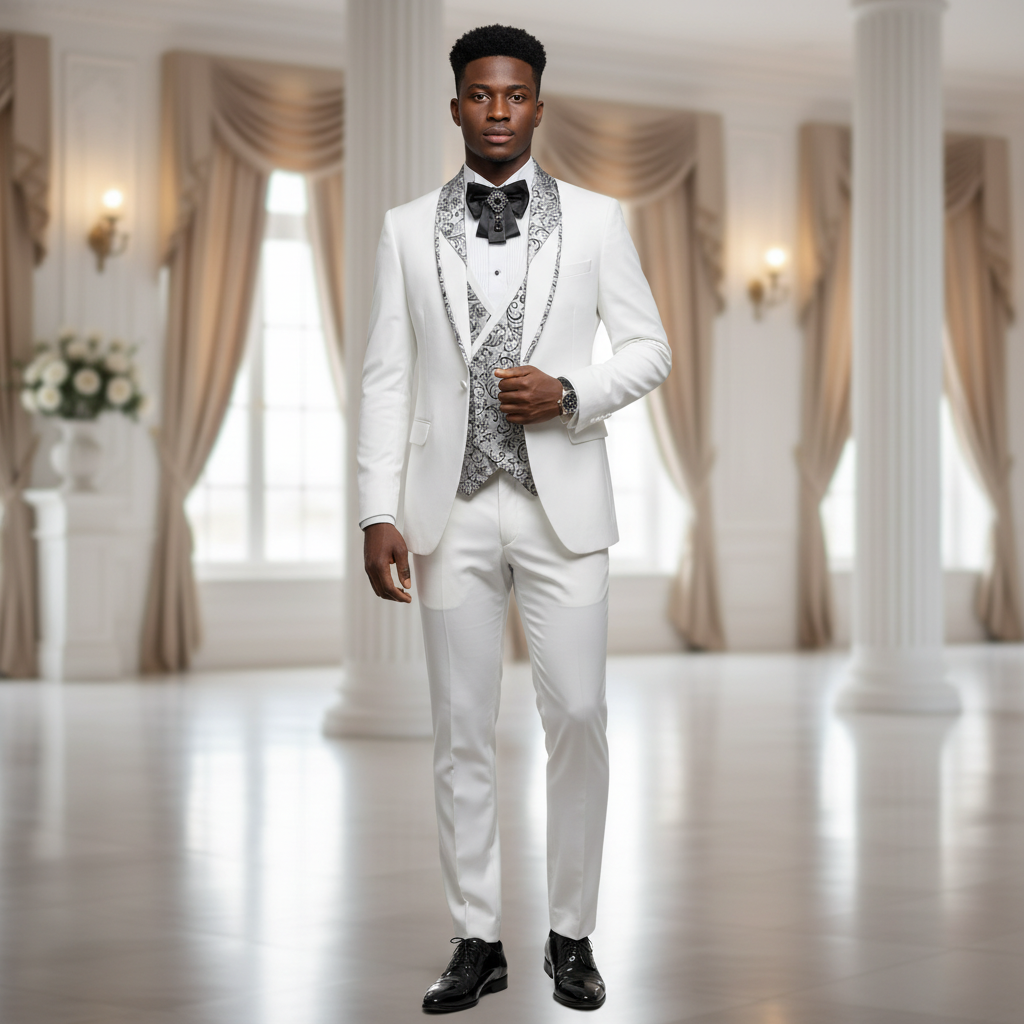 Nigerian male model wearing white and silver jacquard shawl lapel 3-piece suit