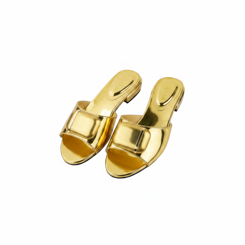 Ghost mannequin pair view of gold metallic square buckle flat slide slippers
