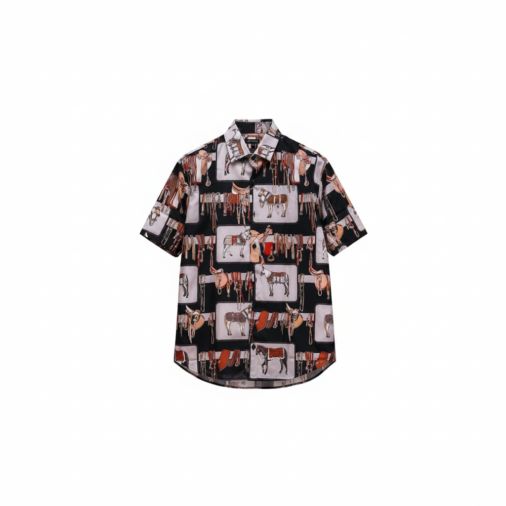 Men's black equestrian grid print short-sleeve shirt ghost mannequin front view