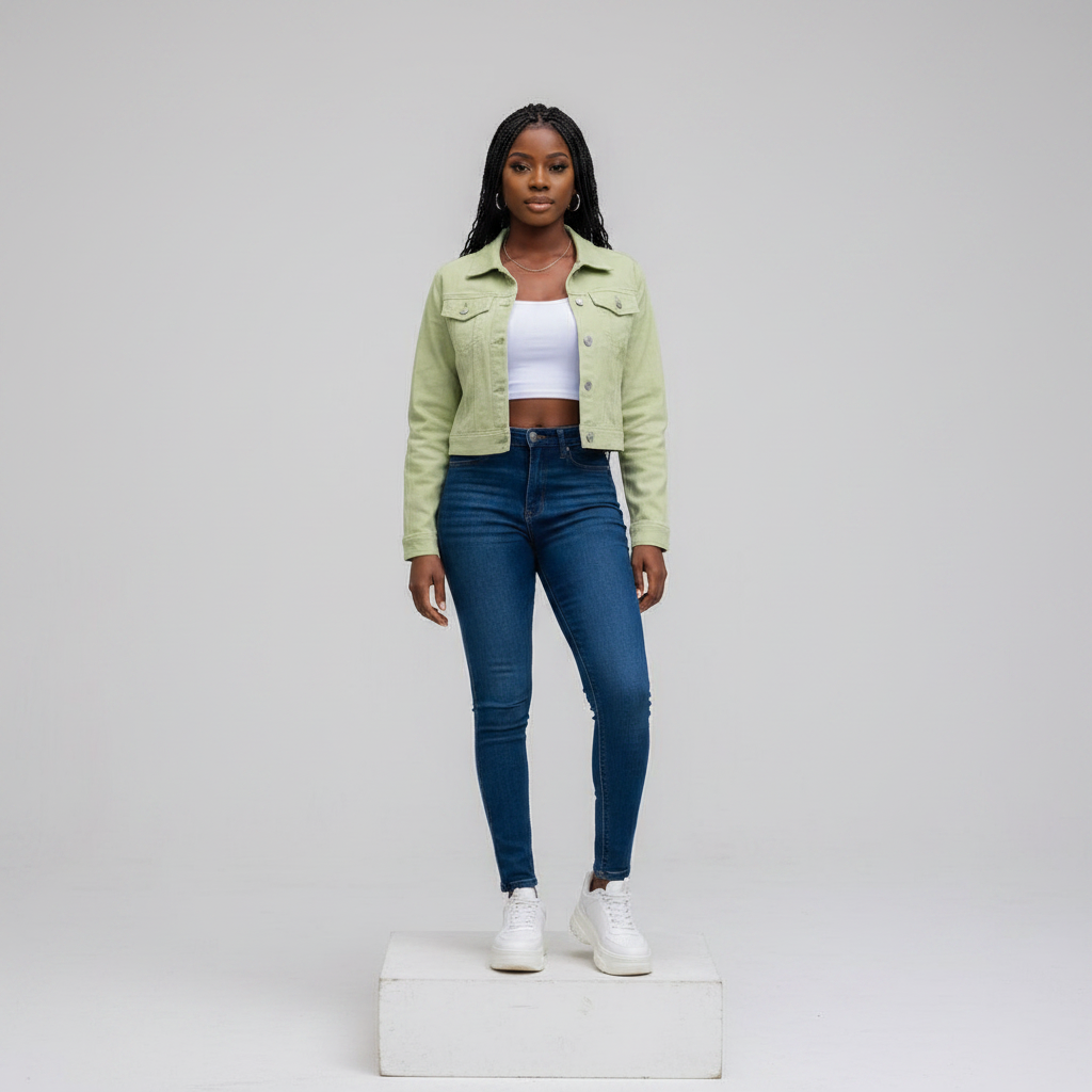 Lime Green Cropped Denim Jacket – Front Model