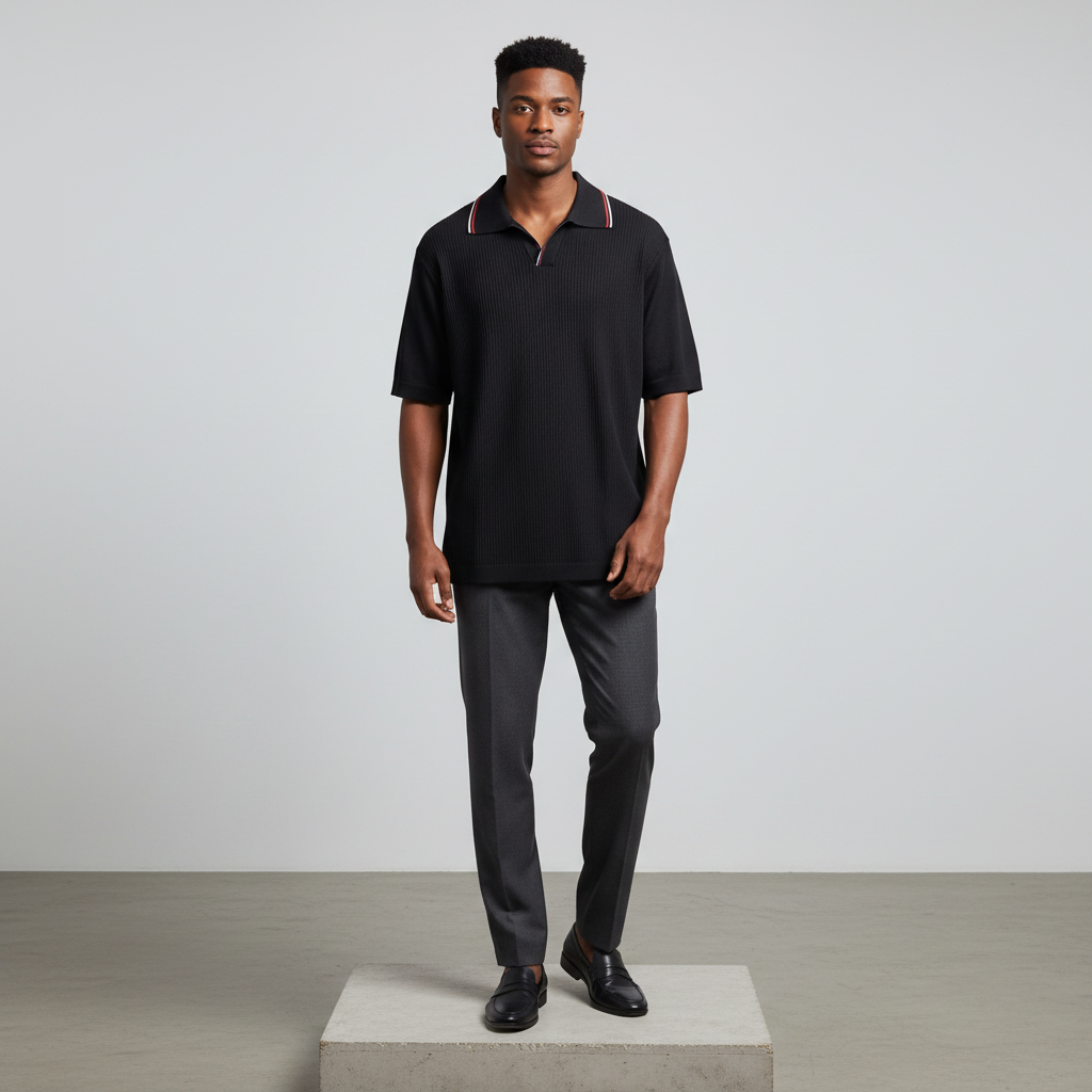 Black Ribbed Knit Red-White Tipped Polo Shirt - Model Front