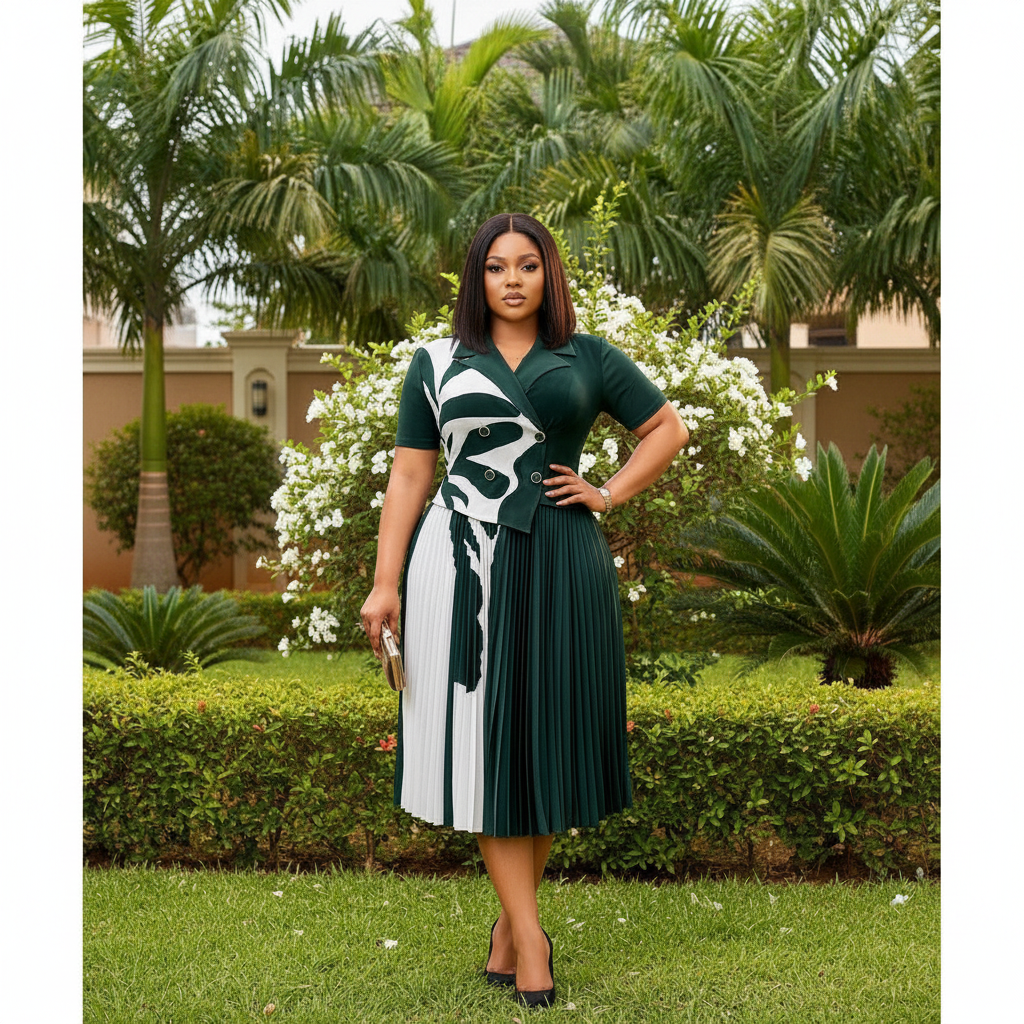 Nigerian female model wearing dark green and white abstract print pleated midi gown in upscale garden setting
