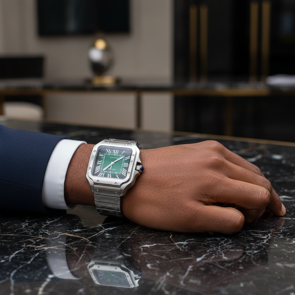 Nigerian man wrist shot wearing Santos green dial automatic stainless steel bracelet watch
