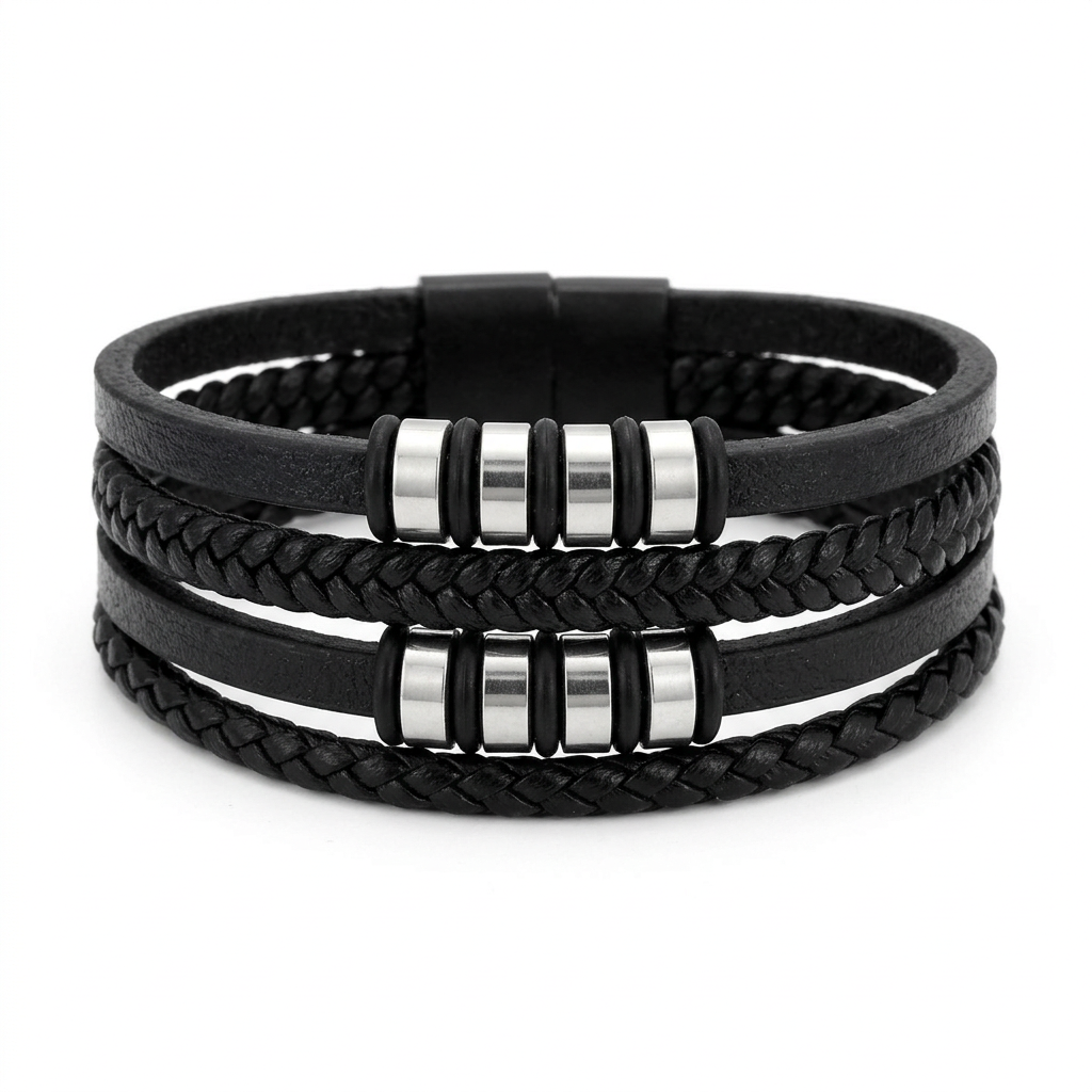 Black four-strand braided bracelet with silver-tone barrel accents on white