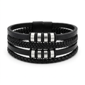 Black four-strand braided bracelet with silver-tone barrel accents on white