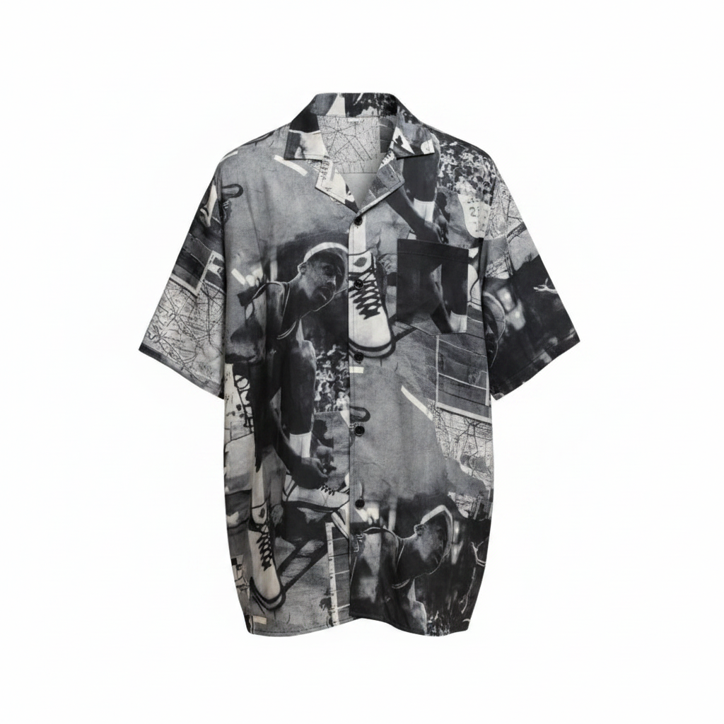 Black and white vintage collage graphic Cuban collar shirt ghost mannequin — basketball and sneaker print, white background