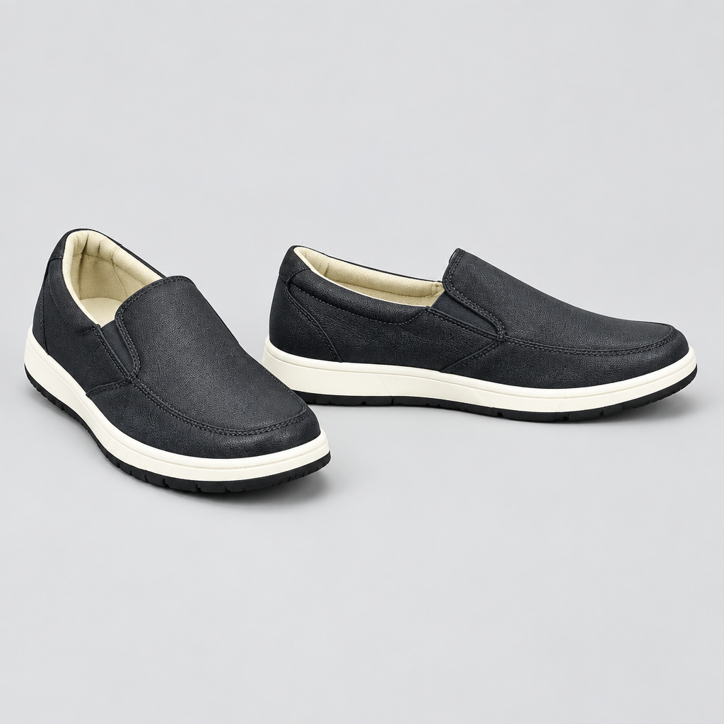 Men's black moc toe slip-on sneakers, front and side view
