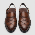 Men's brown slingback sandals with woven lattice detail, straight-on view of the pair