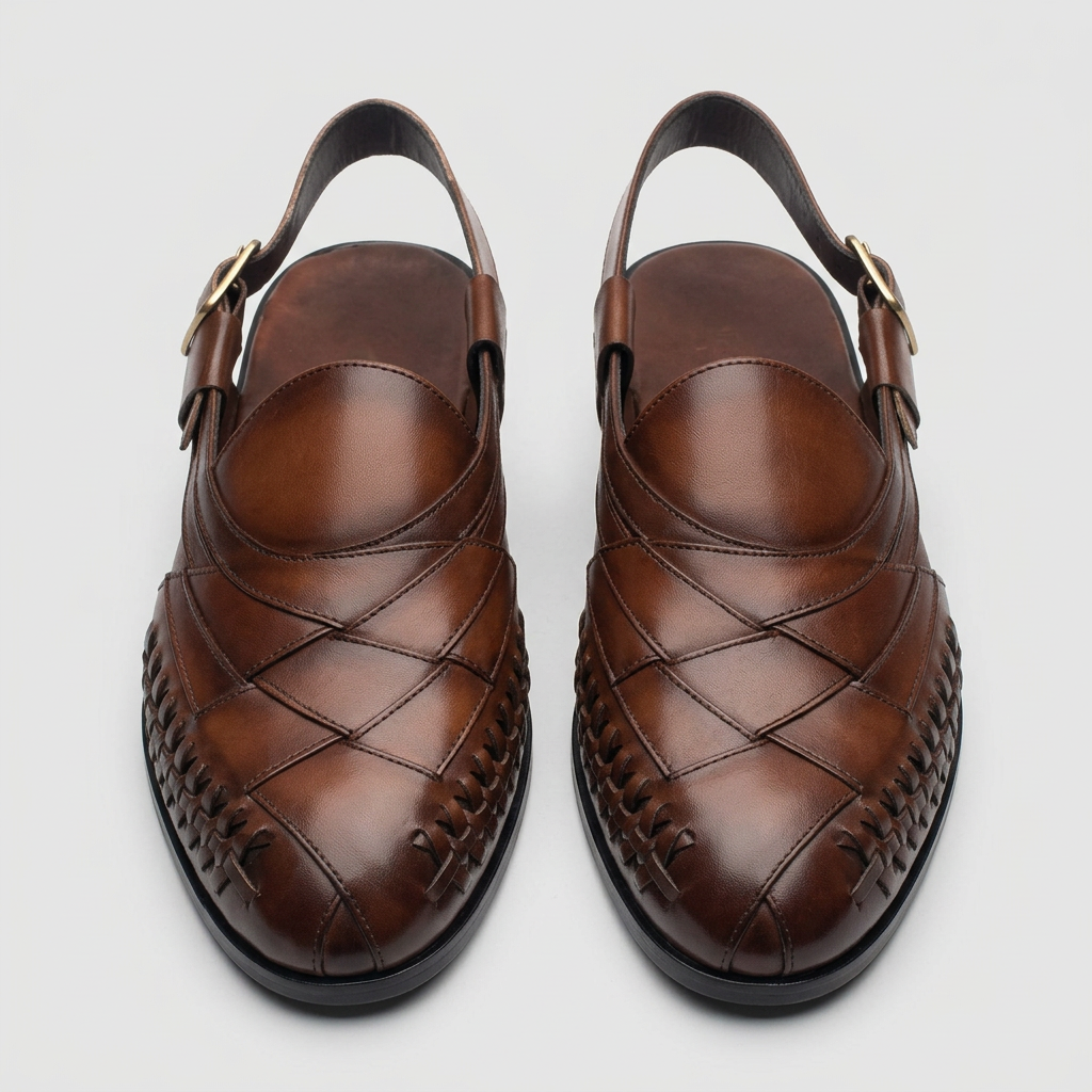 Men's brown slingback sandals with woven lattice detail, straight-on view of the pair